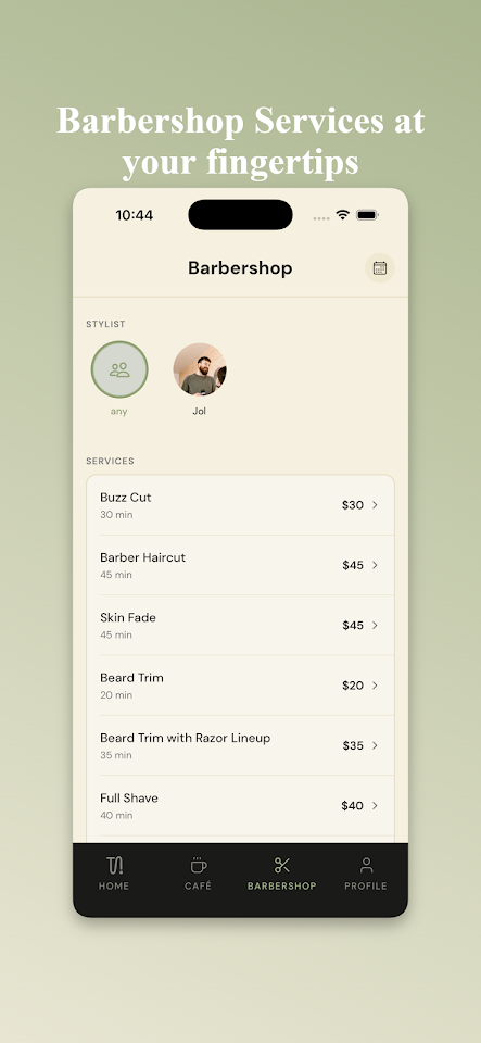 Turtle Island app — barbershop booking screen