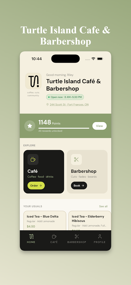 Turtle Island Cafe & Barbershop app — app-home screen